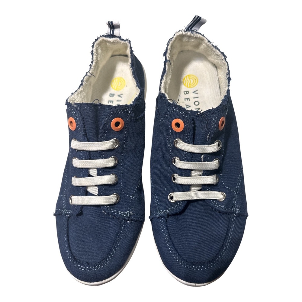 Vionic Beach Pismo Navy Blue Canvas Frayed Slip On Sneakers Womens 7